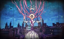  abstract artist_request blue_sky castle clouds creature creature_focus crown day debris dress film_grain floating_crown game_cg highres kaname_madoka kriemhild_fausut_(madoka_magica) mahou_shoujo_madoka_magica mahou_shoujo_madoka_magica_(anime) mahou_shoujo_madoka_magica_magia_exedra no_humans official_art outdoors sky solo spool string towel unworn_dress witch_(madoka_magica) wraith_(madoka_magica) 