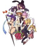  2boys 4girls animal_ears anise_tatlin anise_tatlin_(cosplay) bikini black_bikini blonde_hair blue_eyes bouquet brown_hair bunny_ears closed_eyes cosplay doll estellise_sidos_heurassein eyes_closed flower flynn_scifo hand_holding highres holding_hands judith long_hair multiple_boys multiple_girls new_year patty_fleur pink_hair pink_rose pointy_ears purple_eyes red_rose rita_mordio rose short_hair soto swimsuit sword tales_of_(series) tales_of_the_abyss tales_of_vesperia violet_eyes weapon white_background yuri_lowell 