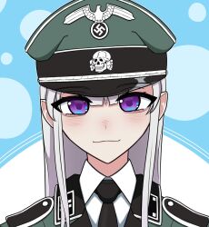  1girl black_necktie blue_background collared_shirt hat highres jacket koalakanru long_hair looking_at_viewer military_hat military_jacket military_uniform military_vehicle nazi necktie original reichsadler shirt solo swastika totenkopf two-tone_background violet_eyes white_hair white_shirt 
