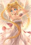  1girl arm_behind_head arms_up artist_name bare_shoulders bishoujo_senshi_sailor_moon blonde_hair blue_eyes bracelet collarbone double_bun dress jewelry kaze-hime light_smile open_mouth princess_serenity sleeveless solo tsukino_usagi twintails wings 