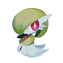 bob_cut chibi colored_skin dress gardevoir gou_(pixiv_24579323) green_hair green_skin hair_over_one_eye lowres multicolored_skin pink_eyes pokemon pokemon_(creature) two-tone_skin white_dress white_skin 