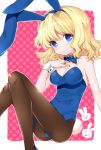  akira_(natsumemo) alice_margatroid animal_ears bad_id bare_shoulders black_legwear black_pantyhose blonde_hair blue_eyes bowtie breasts bunny_ears bunny_tail bunnysuit cleavage detached_collar fake_animal_ears legs looking_at_viewer nail_polish pantyhose polka_dot polka_dot_background short_hair solo tail tino0618 touhou wrist_cuffs 