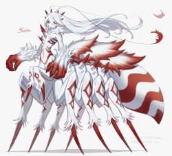  1girl antennae arachne arthropod_girl body_fur claws colored_sclera commentary full_body highres horns long_hair looking_at_viewer monster_girl neck_fur original oversized_forearms oversized_limbs red_sclera redrawn ruteko_(ruko220) shadow simple_background slit_pupils solo spider_girl standing taur very_long_hair white_background white_eyes white_fur white_hair wind 