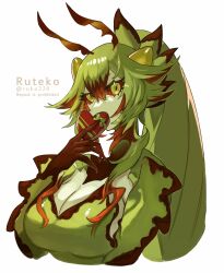  1girl antennae arthropod_girl box box_of_chocolates colored_sclera colored_skin commentary_request dress full_body green_dress green_eyes green_hair green_skin heart-shaped_box highres leaf_insect long_hair looking_at_viewer original ponytail red_hair red_sclera ruteko_(ruko220) shadow simple_background solo upper_body white_background 