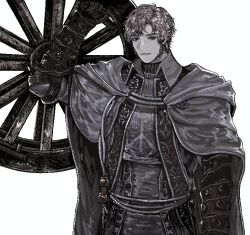  1boy alfred_(bloodborne) arm_at_side bloodborne cloak curtained_hair gauntlets gd1lv gloves high_collar logarius_wheel ornate_clothes pixel_art short_hair solo upper_body wheel white_background white_cloak 
