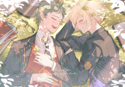  2boys :d arm_ribbon blonde_hair book closed_eyes closed_mouth clover collared_shirt crim0x0 diagonal-striped_clothes diagonal-striped_necktie english_text facing_another four-leaf_clover from_above glasses green_hair grin hand_on_another's_shoulder hand_on_own_chest hat long_sleeves lying male_focus multiple_boys necktie night_raven_college_uniform on_back on_grass on_side open_book open_mouth purple_ribbon red_ribbon red_vest ribbon rook_hunt school_uniform shirt short_hair smile striped_clothes striped_necktie trey_clover twisted_wonderland unworn_eyewear unworn_hat unworn_headwear vest white_shirt wing_collar 