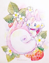  alternate_color blue_eyes colored_pencil_(medium) flower food fruit full_body highres neck_ribbon no_humans non_(kumakawayusu) pachirisu pokemon pokemon_(creature) ribbon shiny_pokemon smile strawberry strawberry_blossoms traditional_media white_flower 