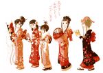  5girls animal_on_head black_hair brown_hair cat cat_on_head floral_print flower glasses hair_flower hair_ornament japanese_clothes kimono kokudou_juunigou multiple_girls new_year tokurei_sochi_dantai_stella_jogakuin_c3_bu white 