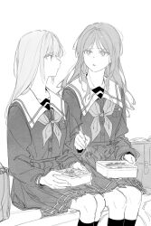  2girls bang_dream! bang_dream!_it&#039;s_mygo!!!!! chinese_commentary chopsticks closed_mouth commentary_request dkl_(dinosaurkl2) greyscale holding holding_bento holding_chopsticks kneehighs long_hair long_sleeves monochrome multiple_girls nagasaki_soyo neckerchief open_mouth pleated_skirt school_uniform shirt sitting skirt socks tsukinomori_school_uniform wakaba_mutsumi 