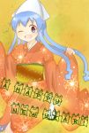  :d bad_id blue_eyes blue_hair hat ikamusume japanese_clothes kimono long_hair montre new_year open_mouth shinryaku!_ikamusume smile solo tentacle_hair wink 