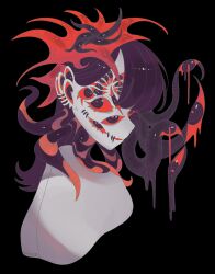  1girl black_background colored_sclera commentary extra_eyes highres looking_at_viewer monster_girl original purple_hair red_sclera ringed_eyes ruteko_(ruko220) simple_background solo stitched_mouth stitches tentacle_hair too_many_eyes upper_body violet_eyes 