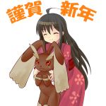  1girl ahoge animal_ears black_hair bunny bunny_ears closed_eyes crossover japanese_clothes kimono long_hair lopunny new_year pokemon pokemon_(creature) rabbit shakugan_no_shana shana shirogitsune 