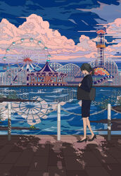  1girl amusement_park bag black_hair black_shoes carousel chain clouds cloudy_sky commentary_request dandelion facing_away ferris_wheel flat_color flower formal_clothes handbag high_heels highres ligne_claire office_lady original outdoors pencil_skirt ponytail pumps reflection reflective_water roller_coaster seraphitalg sett shoes signature skirt skirt_suit sky solo stanchion standing suit water wide_shot 