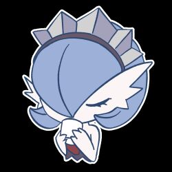  1girl aliasing alternate_color bare_shoulders black_background blue_hair bob_cut chibi chibi_only closed_eyes colored_skin commentary cropped_torso cup drinking english_commentary gardevoir hair_over_one_eye hands_up highres holding holding_cup maid_headdress mug one_eye_covered outline pipsivoir pokemon pokemon_(creature) shiny_pokemon short_hair simple_background solo u_u upper_body white_outline white_skin 