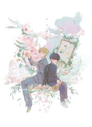  2boys bird black_eyes black_hair black_jacket black_pants blonde_hair blunt_bangs bouquet bowl_cut brown_shoes buttons canvas_(object) chinese_commentary closed_mouth clouds collared_shirt commentary_request dove dress_pants easel expressionless flower from_side full_body gakuran grey_jacket grey_pants grey_suit hand_on_lap hand_up highres holding holding_bouquet hongxianglinqin-yanyuhuihui jacket kageyama_shigeo long_sleeves looking_down looking_up mob_psycho_100 multiple_boys pants parted_lips pink_flower plant reigen_arataka school_uniform shirt shoes short_hair sitting sneakers suit suit_jacket sunflower translation_request vines white_background white_shirt white_shoes yellow_flower 