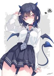  1girl absurdres bare_legs belt_collar black_hair blush breasts collar colored_inner_hair cowboy_shot demon_girl demon_horns demon_tail demon_wings earrings grey_necktie grey_skirt hand_up highres horns ichinose_uruha ichinose_uruha_(6th_costume) jewelry long_sleeves looking_at_viewer loose_necktie medium_breasts medium_hair miniskirt multicolored_hair necktie nishiki_yuno partially_unbuttoned school_uniform shirt shy signature simple_background skirt solo tail tie_clip violet_eyes vspo! white_shirt wings 