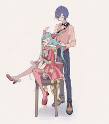  1boy 1girl animal_ears arms_between_legs blue_hair blue_nails blush bow bowtie brushing_hair cat_ears closed_eyes dress eyelashes fang full_body green_hair hair_between_eyes happy hatsune_miku high_heels holding holding_another&#039;s_hair holding_brush kaito_(vocaloid) long_hair long_sleeves mo_chi_ro nail_polish on_stool open_mouth pants pink_bow pink_bowtie pink_thighhighs short_hair sitting smile standing striped_clothes striped_dress striped_pants thigh-highs twintails vertical-striped_clothes vertical-striped_dress vertical-striped_pants very_long_hair vocaloid white_background 