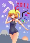  2011 animal_ears blonde_hair bowtie bunny_ears collar flandre_scarlet mount_fuji one-piece_swimsuit red_eyes school_swimsuit short_hair side_ponytail snowflakes solo sumapan sun swimsuit touhou wings 