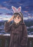  bunny_ears cloud clouds coat copyright_request face fake_animal_ears hands saimon salute sky smile snow solo 