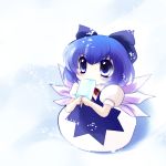 :3 blue_eyes blue_hair bow chibi cirno hair_bow highres perfect_cherry_blossom popsicle snow solo touhou wings yume_shokunin 