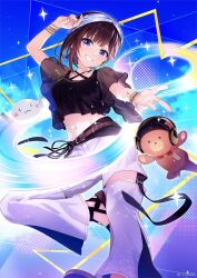  1girl amagai_tarou ankimo_(tokino_sora) anniversary bandana belt_buckle black_shirt blue_eyes blunt_bangs blush bracelet breasts brown_hair buckle clothing_cutout commentary_request company_name copyright_notice criss-cross_straps cropped_shirt earrings fingernails frilled_sleeves frills glowstick gold_bracelet gold_necklace gold_ring grin hand_up highres hololive jewelry leather_belt looking_at_viewer medium_hair midriff multiple_bracelets multiple_rings navel necklace nun_nun_(tokino_sora) official_alternate_costume official_alternate_hairstyle official_art pants penlight_(glowstick) purple_nails ring sandals see-through_clothes see-through_sleeves shirt short_sleeves side-tie smile solo sparkle standing standing_on_one_leg star_(symbol) star_earrings teeth thigh_cutout tokino_sora tokino_sora_(8th_costume) virtual_youtuber w white_pants 