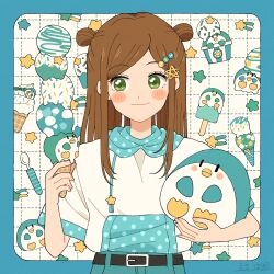  1girl blue_border blush_stickers border brown_hair closed_mouth commentary eeppa food green_eyes grid_background highres holding holding_food holding_ice_cream holding_stuffed_toy ice_cream long_hair multiple_scoops original outside_border popsicle shirt short_sleeves sidelocks smile solo spoon stuffed_animal stuffed_penguin stuffed_toy text_hair_ornament upper_body white_background white_shirt 