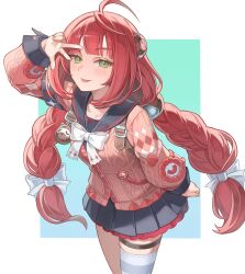  1girl absurdres ahoge aran_sweater arm_up belt black_skirt bow bowtie braid breasts cable_knit collarbone green_eyes hair_ribbon highres leaning light_smile long_hair long_sleeves looking_at_viewer ludwig_(ludwig_illust) miniskirt pink_sleeves pink_sweater red_hair ribbon sailor_collar simple_background single_bare_leg single_thighhigh skirt small_breasts solo striped_clothes striped_thighhighs sweater thigh-highs thigh_strap tongue tongue_out twin_braids ukinami_yuzuha very_long_hair w white_bow white_ribbon zenless_zone_zero 