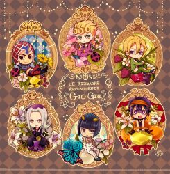  6+boys aerosmith_(stand) black_eyes blonde_hair blue_flower blue_rose blunt_bangs braid bright_pupils bruno_bucciarati bug check_flower copyright_name crossed_arms cup flower flower_request food fruit gem giorno_giovanna gold_experience green_pants green_shirt grey_hair guido_mista hair_between_eyes hat jojo_no_kimyou_na_bouken ladybug leone_abbacchio lily_of_the_valley moody_blues_(stand) morino_peko multiple_boys narancia_ghirga orange_(fruit) pannacotta_fugo pants pearl_(gemstone) pink_flower purple_haze_(stand) red_gemstone red_hat rose sex_pistols_(stand) shirt sticky_fingers_(stand) strawberry strawberry_blossoms sunflower teacup vento_aureo violet_eyes white_lily white_pupils yellow_gemstone 