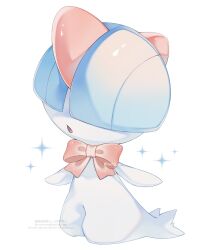  alternate_color bow bowl_cut colored_skin highres iwasi_29 multicolored_skin no_humans open_mouth pokemon pokemon_(creature) pokemon_focus ralts red_bow shiny_pokemon simple_background two-tone_skin white_background white_skin 