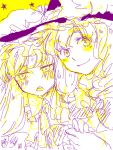  2girls blush embarrassed face hand_holding hat holding_hands kirisame_marisa monochrome multiple_girls oekaki patchouli_knowledge smile touhou tsun_(tsuncha) tsuncha 