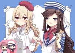  4girls :3 =_= arm_at_side beret black_hair blonde_hair blue_border blue_bow blue_bowtie blue_cape blue_hat blue_shirt blush border bow bowtie brown_hair buttons cape chibi chibi_inset closed_mouth collared_shirt commentary double-breasted dress fingernails grey_jacket grey_necktie grey_shirt hair_between_eyes hair_bow hair_ornament half_updo hanayagi_kaoruko hand_to_own_mouth hand_up hands_up hat highres holding holding_hands isurugi_futaba jacket jewelry layered_sleeves long_hair long_sleeves looking_at_another looking_to_the_side medium_hair multicolored_jacket multiple_girls nail_polish neckerchief necklace necktie official_alternate_costume open_mouth outside_border parted_bangs pendant pink_eyes puffy_short_sleeves puffy_sleeves red_dress red_hat red_nails red_neckerchief ringopai315 rope saijou_claudine sailor sailor_collar sailor_dress sailor_hat shirt short_hair short_sleeves shoujo_kageki_revue_starlight side-by-side sidelocks sideways_glance smile spyglass striped_bow striped_clothes striped_hat striped_shirt tendou_maya translation_request two-tone_jacket upper_body v-shaped_eyebrows very_long_hair violet_eyes wavy_hair white_background white_bow white_jacket white_sailor_collar white_shirt wide_sleeves x_hair_ornament yuri 