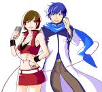  1girl breasts cleavage couple kaito male meiko microphone scarf skirt tattoo vocaloid 