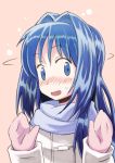  blue_eyes blue_hair blush coat face hands kanon kirigaya_yuuji long_hair minase_nayuki mittens scarf solo surprised 