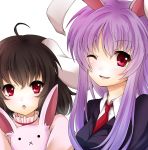  :o :x animal_ears blazer brown_hair bunny bunny_ears face highres inaba_tewi long_hair multiple_girls necktie purple_hair rabbit red_eyes reisen_udongein_inaba rokutelie short_hair simple_background smile touhou wink 