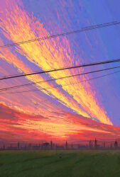  1other absurdres ambiguous_gender artist_name building cloud_focus clouds cloudy_sky colorful commentary_request copyright_notice fangpeii field flock grass highres house multicolored_clouds original power_lines purple_sky scenery simple_bird sky sky_focus standing sun sunset town tree very_wide_shot 