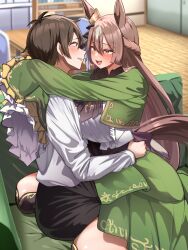  1boy 1girl absurdres animal_ears assertive_female blush braid breasts brown_eyes brown_hair commission frilled_sleeves frills highres horse_ears horse_girl horse_tail hug large_breasts long_hair open_mouth satono_diamond_(umamusume) short_hair skeb_commission sleeves_past_wrists smile smoke_klll tail trainer_(umamusume) umamusume very_long_hair wide_sleeves 