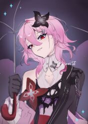  1girl :3 asymmetrical_dress asymmetrical_sleeves black_dress black_flower black_gloves breasts dress ears_visible_through_hair evernight_(honkai:_star_rail) flower gloves hair_between_eyes hair_flower hair_ornament hairclip highres holding holding_umbrella honkai:_star_rail honkai_(series) long_sleeves looking_at_viewer march_7th_(honkai:_star_rail) medium_hair naughty_face parallel_hairclips pink_hair red_eyes signature single_bare_shoulder sketch small_breasts solo star_(symbol) tojinrist umbrella white_sleeves 
