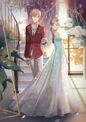  1boy 1girl bare_shoulders black_necktie blazer blonde_hair blue_eyes braid breast_pocket brown_eyes brown_hair buttons chandelier clenched_hand closed_mouth collared_jacket collared_shirt curtains day detached_sleeves dress dress_pants earrings flower full_body gleaming_vine_(shining_nikki) gloves gown green_dress green_sleeves hair_between_eyes hair_over_shoulder half_gloves han_shi_reina hanging_plant highres holding_hands indoors jacket jewelry lapels layered_sleeves light_particles light_smile loen_(shining_nikki) long_dress long_hair long_sleeves looking_at_another necklace necktie nikki_(series) notched_lapels pants petals plant pleated_dress pocket potted_plant red_jacket rose rose_petals shining_nikki shirt short_hair short_sleeves single_braid standing strapless strapless_dress sunlight tassel tree white_flower white_gloves white_pants white_rose white_shirt window 