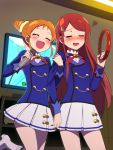  2girls aikatsu! arisugawa_otome arm_hug blush closed_eyes embarrassed happy highres indoors karaoke long_hair microphone monitor multiple_girls open_mouth orange_hair redhead school_uniform shibuki_ran short_hair smile standing tonbi 