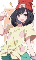  1girl absurdres beanie black_hair floral_print green_shorts hat highres orange_background piyo_to_game poke_ball_theme pokemon pokemon_sm raised_fist red_hat selene_(pokemon) shirt short_hair shorts solo t-shirt tied_shirt white_background yellow_shirt z-ring 