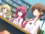  3girls blonde_hair blue_eyes brown_hair futsu_janai game_cg green_eyes himesawa_sayaka library natsukawa_akane necktie red_eyes red_hair redhead sakurazaki_kotoko seifuku tie twintails 