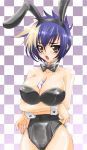  animal_ears between_breasts blue_hair breast_hold breasts brown_eyes bunny_ears bunnysuit checkered checkered_background crossed_arms gien koihime_musou large_breasts mali multicolored_hair short_hair solo two-tone_hair white_hair wrist_cuffs 