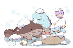  bathing bathtub bubble clodsire closed_eyes closed_mouth drifloon kawachi_(hina) mareep no_humans open_mouth paldean_wooper pokemon pokemon_(creature) pokemon_focus quagsire simple_background smile soap soap_bubbles water white_background wooper 