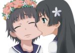  black_hair blue_eyes cheek_biting closed_eyes eyes_closed face flower hair_flower hair_ornament head_wreath saten_ruiko school_uniform serafuku to_aru_kagaku_no_railgun to_aru_majutsu_no_index toshipon uiharu_kazari 