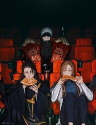  1girl 2boys absurdres almondtofu_boy black_hair black_jacket black_kimono black_pants black_shoes blindfold blue_shirt breasts brown_hair bucket chair closed_mouth coat cup eating food getou_suguru gojou_satoru grin hair_bun high_collar highres holding holding_bucket holding_food holding_pizza ieiri_shoko jacket japanese_clothes jujutsu_kaisen jujutsu_tech_uniform kesa kimono long_hair long_sleeves looking_at_another mole mole_under_eye movie_theater multiple_boys on_chair pants pizza pizza_slice popcorn shirt shoes short_hair single_hair_bun sitting smile spiky_hair theater theater_seating watching white_coat white_hair 