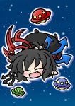  ^_^ absurdres ahoge black_hair blush chibi closed_eyes eyes_closed highres houjuu_nue polearm solo space spear touhou trident ufo weapon yanagi_(artist) yanagi_(nurikoboshi) 