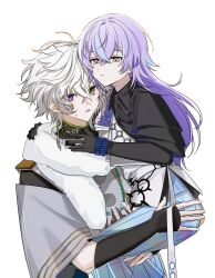  2boys aged_down antenna_hair armor bead_necklace beads belt black_gloves black_shirt blue_hair braid carrying closed_mouth collared_shirt crossed_bangs expressionless fur_scarf gloves green_eyes grey_eyes hair_between_eyes heterochromia highres holographic_clothing hoshirube_sho hoshirube_sho_(1st_costume) japanese_armor japanese_clothes jewelry jing_(0r1_4) kariginu kote kurokote long_hair long_sleeves looking_at_viewer magatama magatama_necklace male_focus multicolored_hair multicolored_skirt multiple_boys murakumo_kagetsu murakumo_kagetsu_(1st_costume) necklace nijisanji parted_lips pleated_skirt purple_hair shirt short_hair short_sleeves side_braid simple_background single_braid skirt streaked_hair sweatdrop vest violet_eyes virtual_youtuber white_background white_belt white_hair white_vest wide_sleeves wing_collar 