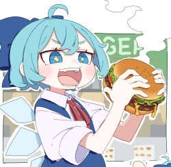  +_+ 1girl absurdres ahoge aqua_hair blue_bow blue_dress blue_eyes bow burger character_doll cirno collared_shirt commentary crossed_bangs detached_wings doll double-parted_bangs dress drooling food fumo_(doll) hair_bow highres holding holding_burger holding_food kame_(kamepan44231) neck_ribbon open_mouth puffy_short_sleeves puffy_sleeves red_ribbon ribbon saliva shirt short_hair short_sleeves solo symbol-only_commentary teeth touhou trembling upper_body white_shirt wings 