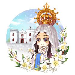  1girl absurdres arched_crown bell blue_sky border branch brown_eyes brown_hair building chibi chibi_only chinese_commentary chinese_text christianity church closed_mouth clouds commentary_request cross crown day dress falling_petals flower gold_crown hand_on_own_chest heart highres holding holding_flower jewelry knees_up latin_cross lens_flare light_particles lily_(flower) long_dress long_hair long_sidelocks long_sleeves looking_ahead necklace outdoors parted_bangs pearl_necklace petals queen round_border sidelocks sitting sky smile solo star_(symbol) taiwan the_bible traditional_chinese_text veil virgin_mary white_border white_dress white_flower white_petals white_veil window xunling 