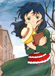  1girl bare_tree blue_hair blue_sky book building closed_mouth commentary cowboy_shot crying crying_with_eyes_open dated doll dress floating_hair flying_teardrops glint green_dress green_eyes highres holding holding_book holding_doll hugging_book hugging_doll hugging_object long_dress long_hair looking_at_viewer outdoors princess_sarah sad sakai_yume sarah_crewe signature sky solo standing tears tree wind window 